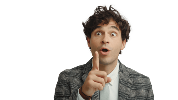 A young businessman pointing upward with his forefinger as if presenting a new idea on a transparent background. png