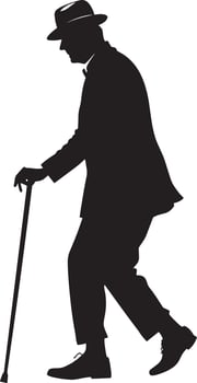 Old man walking and relying on a cane set against a white background vector
