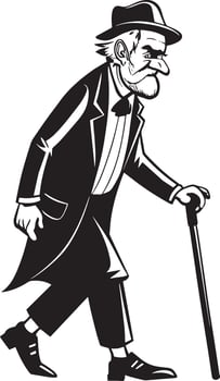 Old man walking and relying on a cane set against a white background vector