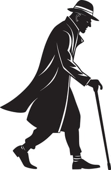 Old man walking and relying on a cane set against a white background vector