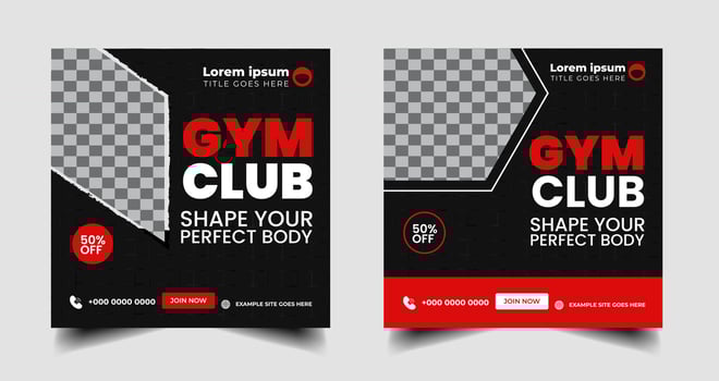 Fitness gym banner, sports event social media post banner with red , vector