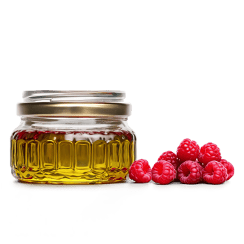 Red raspberry seed oil in a clear glass jar with a cluster of red raspberries png