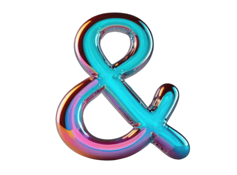 Holographic 3D ampersand sign in Y2K style with liquid glass or metal texture on a transparent background. element in retro style, molten chrome. png