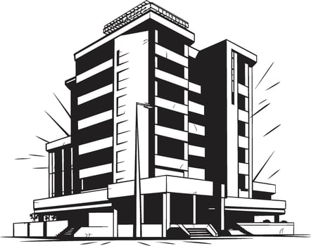 Ebony Corporate Complex Black Multifloor Building Icon Monochrome Office Block Outline Building Sketch in Black vector