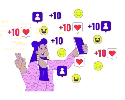 Blogger posing on smartphone camera for followers 2D linear cartoon character. Stylish latina woman victory fingers isolated line person white background. Gen z color flat spot illustration vector