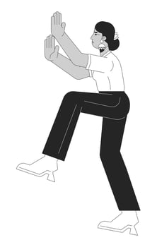 Indian woman pushing forward black and white 2D line cartoon character. South asian female working hard isolated outline person. Great affords for result monochromatic flat spot illustration vector
