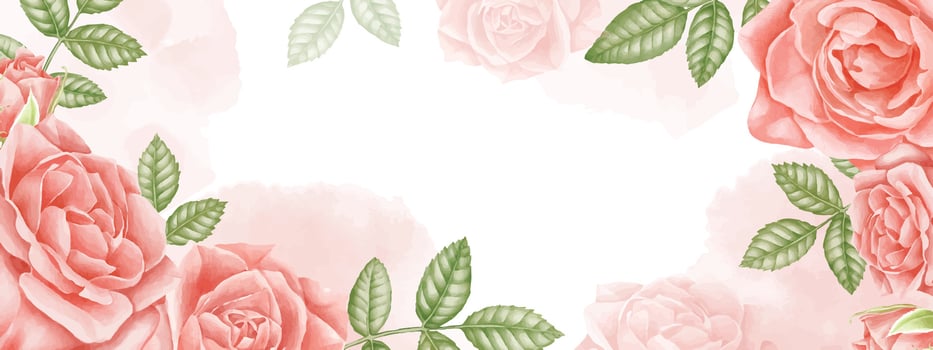 Rose flower Template for Banner. Floral Frame with pink and red plants and green leaves on isolated background for wallpaper or wedding invitations or greeting cards. Botanical border vector