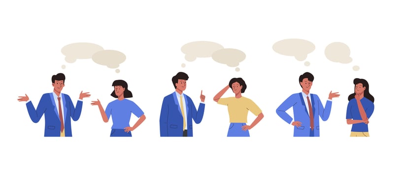 Set of chatting people with speech bubbles. Men and women talk with each other. Dialogues between female and male characters. Flat cartoon illustration vector
