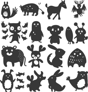silhouette collection set hand drawn doodle cute animal black color only vector