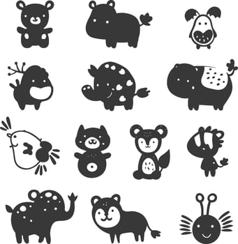 silhouette hand drawn cute animal kawaii doodle collection black color only vector