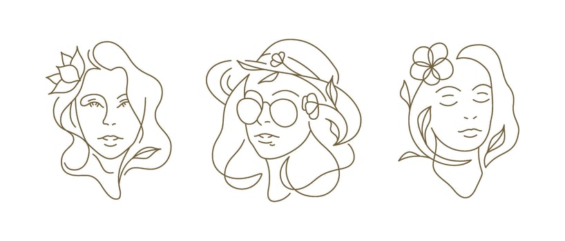 Beautiful romantic fashion woman portrait with flower silhouette continuous line art logo set vector