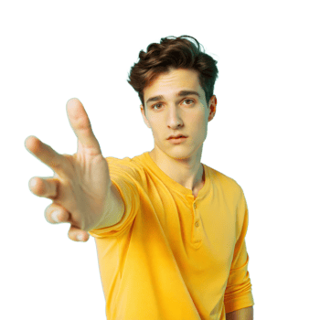 Young Man Wearing Yellow Shirt Reaches Out With Open Hand png