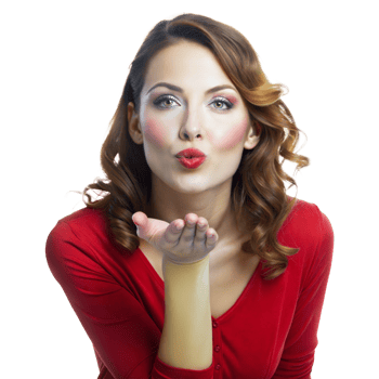Woman Blowing a Kiss in Red Shirt With Makeup and Curly Hair png