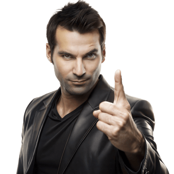 Man in Black Leather Jacket Points Finger at Camera With Serious Expression png