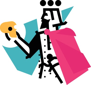Logo for theatrical studio. Illustration of a Prince with a skull. The king's character on the stage. Corporate identity. Abstract modern logo. vector