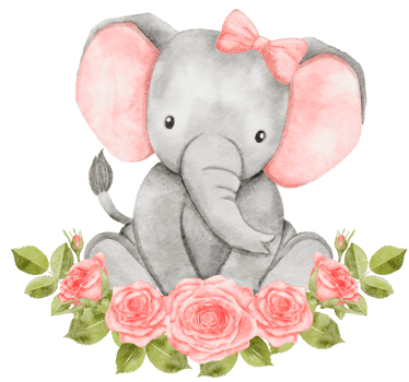 Watercolor baby elephant sitting in flowers wreath. African baby animal for baby shower girl, nursery decorations png