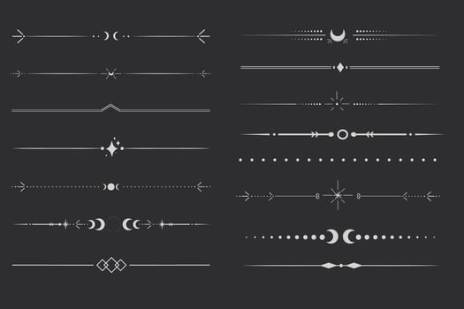 Silver celestial divider thin line border decoration. Collection tribal with moon, stars and arrows mystical separators. Modern ornament minimal set isolated on dark background vector