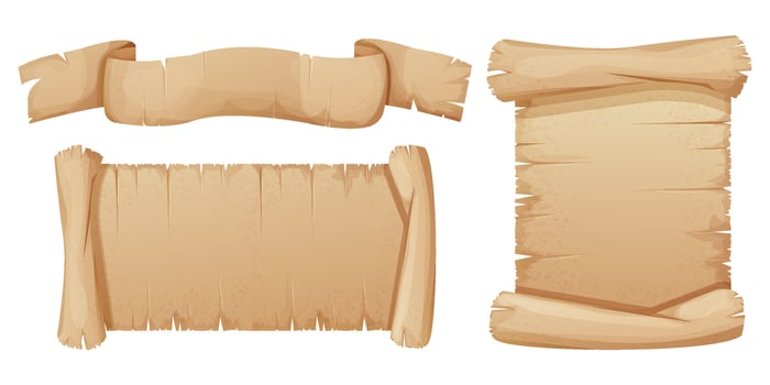 Old parchment paper scrolls, page, aged sheet surface, map, book blank isolated in white backgrund. History ancient document. vector