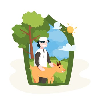 Eid al-Adha celebration illustration. Moslem man with goat. vector