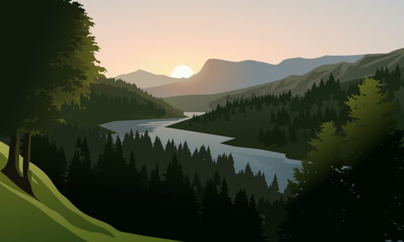 Scenic sunrise landscape with river, forest and mountains vector