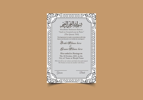 Islamic Wedding Contract Or Nikkah Nama Muslim Marriage Certificate vector