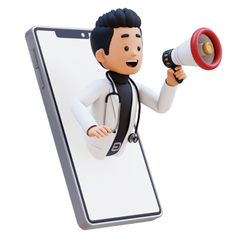 3D Doctor Character Jump from Phone Screen with Megaphone. Suitable for Medical content png