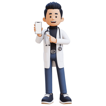 3D Doctor Character Pointing to Empty Phone Screen. Suitable for Medical content png
