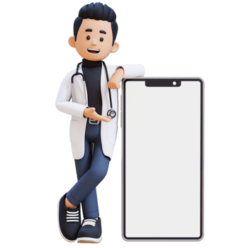 3D Doctor Character Presenting and Lying on Big Empty Phone Screen. Suitable for Medical content png