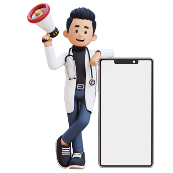 3D Doctor Character Holding Megaphone and Lying on Big Empty Phone Screen. Suitable for Medical content png
