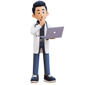 3D Doctor Character Thinking While Working on a Laptop. Suitable for Medical content png