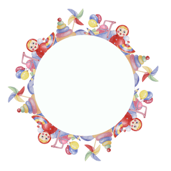 Toys circle frame template, doll with pinwheel, humming top, balloons, blue cart and pencils. Watercolor play objects for birthday, gender reveal, baptism, birth announcement card, playdate invitation png