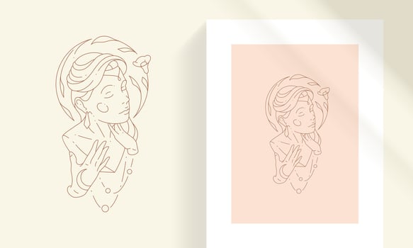 Magical female face as sculpture bust with flowers line art style illustration vector