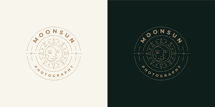 Magic sun and moon with human face logo emblem design template illustration in minimal line art style vector