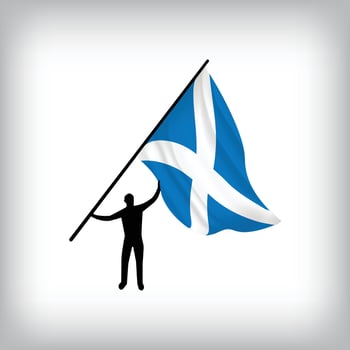 A man holds the flag of SCOTLAND in the air. National day realistic flag illustration. vector