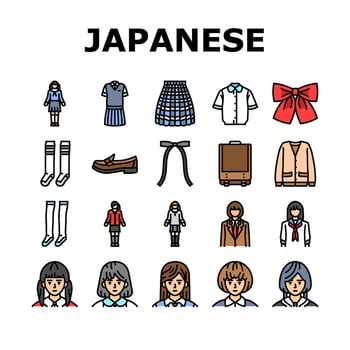 japanese school girl korea child icons set vector