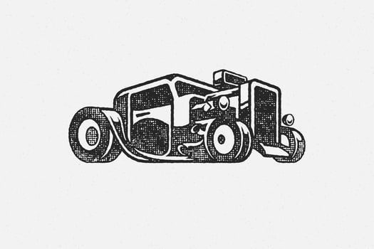 Old classic hot rod car silhouette hand drawn ink stamp illustration. vector