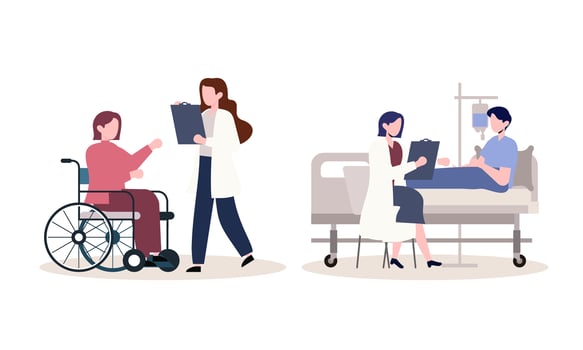 Scenes with doctors and patients illustration. Medical diagnostics, consultations, treatment vector