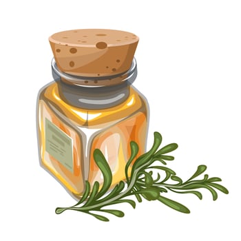 image of a vessel with vegetable oil and a sprig of marinade, as piquant complementary to each other. EPS 10 vector