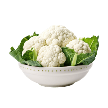 Close Up of Cauliflower Head with Crisp Leaves in Ceramic Bowl on Isolated Background. png