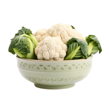 Cauliflower Heads and Leaves in Patterned Bowl on Isolated Background. png