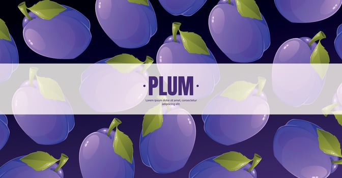 advertising flyer template with cartoon plum pattern. Tropical fruit exotic banner. vector