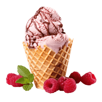 Raspberry Ice Cream Cone With Chocolate Drizzle And Fresh Berries On Isolated Background. png