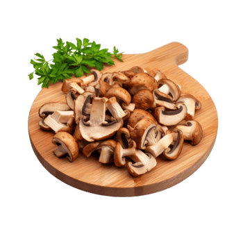 Freshly Sliced Mushrooms On Wooden Cutting Board With Parsley On Isolated Background. png