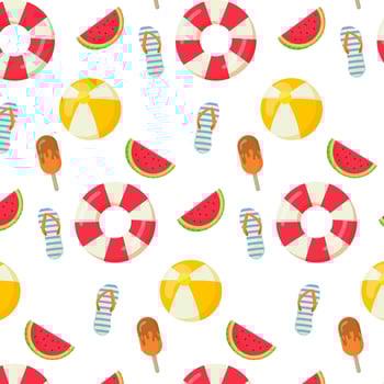 Seamless pattern. Summer cartoon ice cream, flip flops. lifeboy, ball. illustration vector