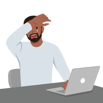 Tired sick man at work. Exhausted overworked employee at office desk. vector