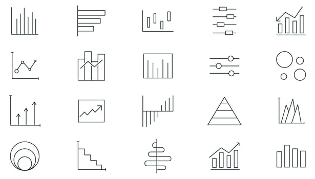 Growing bar graph line icon set. Business graphs and charts icons, line charts, finance report, income growth, economy statistic, gantt diagram, infographic, pie charts icons set collection. vector