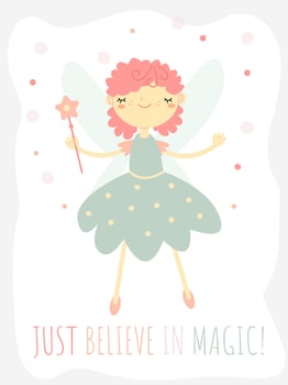 children's vertical magic card with a magical cute fairy vector