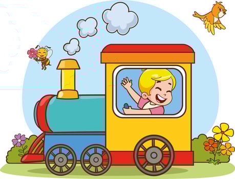 illustration cartoon of happy kids with the train.Funny Children Riding On The Train vector