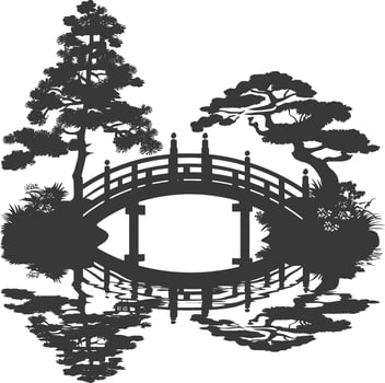 silhouette traditional japanese garden with bridge black color only vector