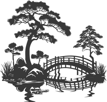 silhouette traditional japanese garden with bridge black color only vector